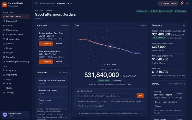 Orbit’s Mission Control: two plans waiting for approval, booked revenue, the Core and the sidebar